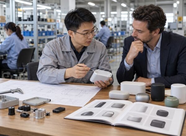 Buyer and supplier engineer comparing custom drawings and existing product samples for OEM and ODM manufacturing in China