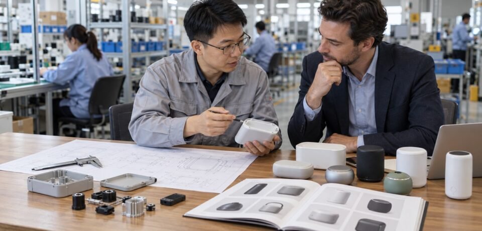 Buyer and supplier engineer comparing custom drawings and existing product samples for OEM and ODM manufacturing in China