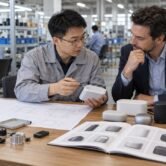 Buyer and factory engineer reviewing product samples and drawings for a private label sourcing project in China