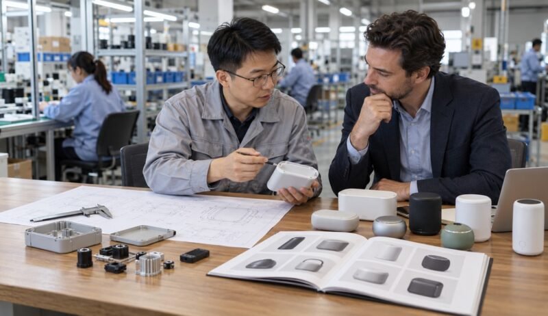 Buyer and factory engineer reviewing product samples and drawings for a private label sourcing project in China