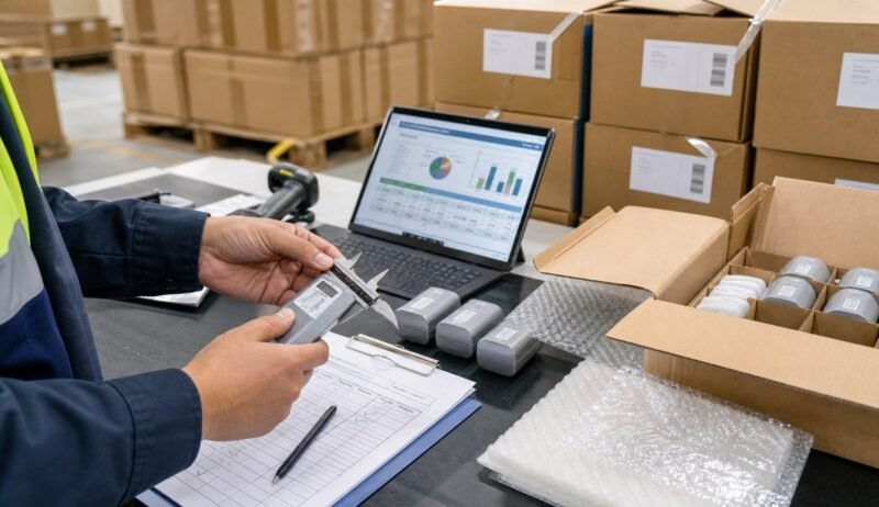 Inspector measuring a product sample with a caliper beside packing cartons and an inspection checklist
